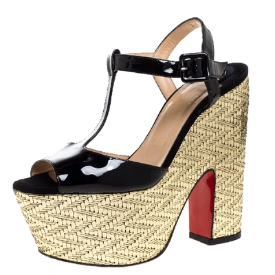 Pre-owned Christian Louboutin Black Patent And Metallic Gold Wedge 'so Bella' T-bar Open Toe Sandals Size 38