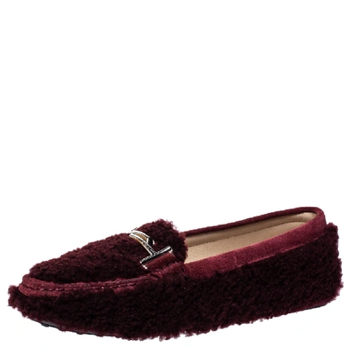 Pre-owned Tod's Burgundy Shearling And Suede Leather Double T Slip On Loafers Size 38.5