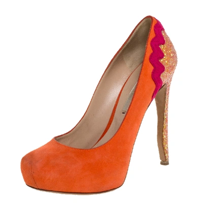 Pre-owned Nicholas Kirkwood Orange Suede And Coarse Glitter Heel Platform Pumps Size 38