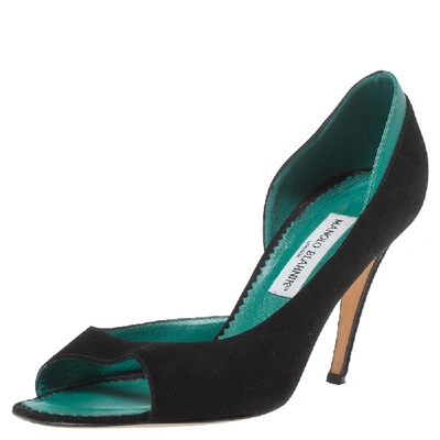 Pre-owned Manolo Blahnik Black/green Suede And Leather D'orsay Peep Toe Pumps Size 39