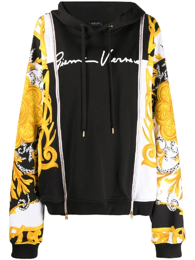 Shop Versace Spliced Gv Signature Baroque Print Hoodie In Black