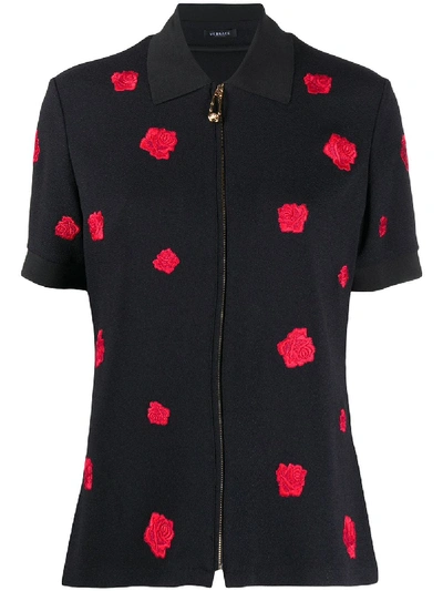 Shop Versace Rose Embroidered Polo Top In Black