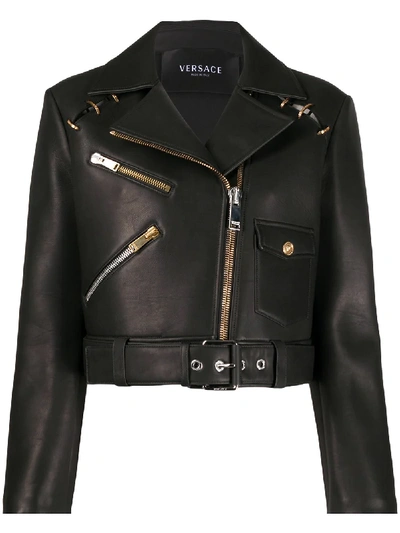 Shop Versace Cropped Biker Jacket In Black