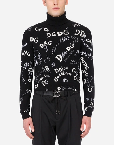 Shop Dolce & Gabbana Cashmere Turtle-neck Sweater With Embroidery In Black/white