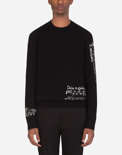Shop Dolce & Gabbana Cashmere Round-neck Sweater With Dolce&gabbana Embroidery In Black