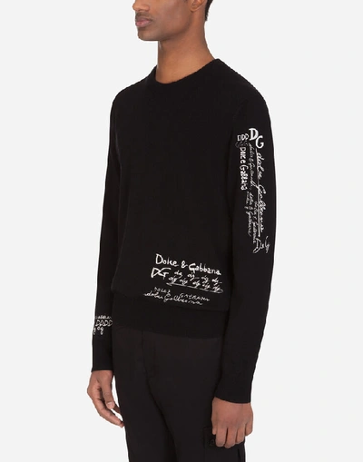 Shop Dolce & Gabbana Cashmere Round-neck Sweater With Dolce&gabbana Embroidery In Black