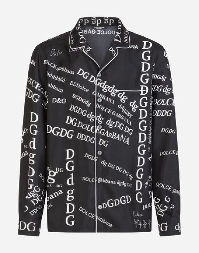 Shop Dolce & Gabbana Silk Pajama Shirt With Lettering Print In Black/white