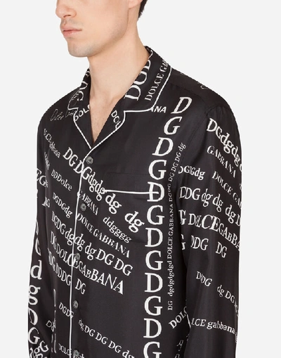Shop Dolce & Gabbana Silk Pajama Shirt With Lettering Print In Black/white
