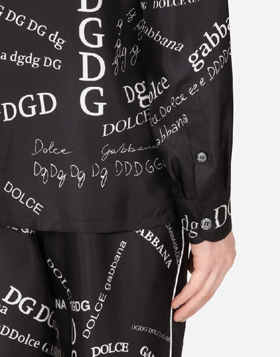 Shop Dolce & Gabbana Silk Pajama Shirt With Lettering Print In Black/white