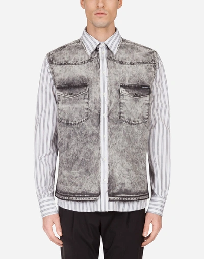 Shop Dolce & Gabbana Gray Denim Shirt With Striped Cotton Details In Multicolor