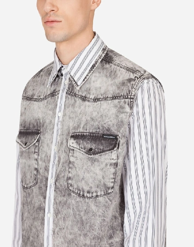 Shop Dolce & Gabbana Gray Denim Shirt With Striped Cotton Details In Multicolor