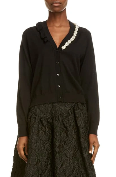 Shop Simone Rocha Embellished Neck Wool & Silk Cardigan In Black / Pearl/ Clear