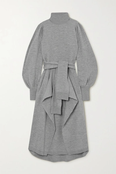 Shop Ulla Johnson Astrid Belted Draped Merino Wool Midi Dress In Light Gray