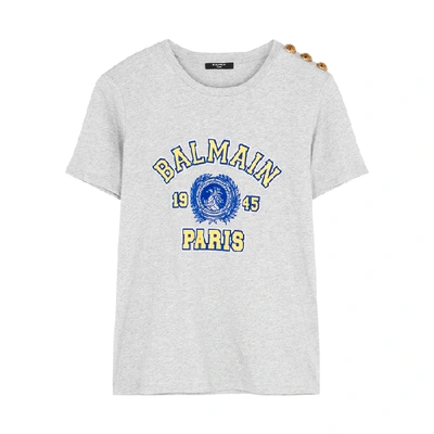 Shop Balmain Grey Printed Cotton T-shirt