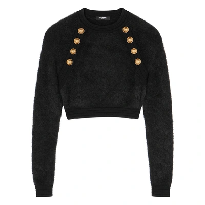 Shop Balmain Black Cropped Textured-knit Top