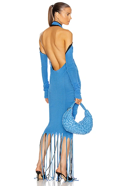 Shop Bottega Veneta Rib Fringe Cold Shoulder Dress In Swimming Pool & Black