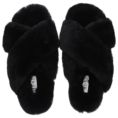 Inuikii Crossover-strap Shearling Slides In Black