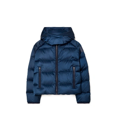 Shop Tory Sport Tory Burch Cropped Performance Satin Down Jacket In Tory Navy