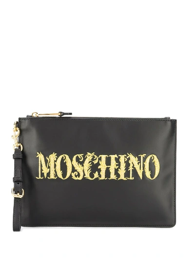 Shop Moschino Logo Print Clutch Bag In Black