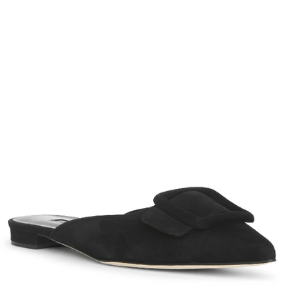 Shop Manolo Blahnik Maysaleflat Black Suede Mule Flats