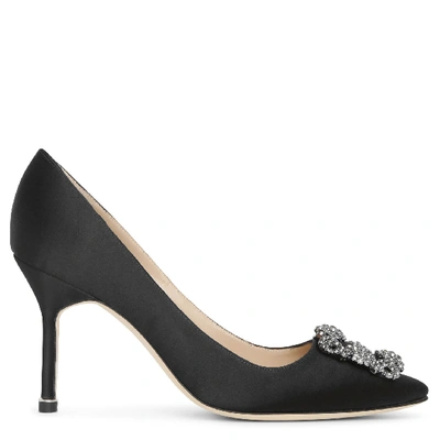 Shop Manolo Blahnik Hangisi 90 Black Satin Pumps