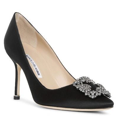 Shop Manolo Blahnik Hangisi 90 Black Satin Pumps