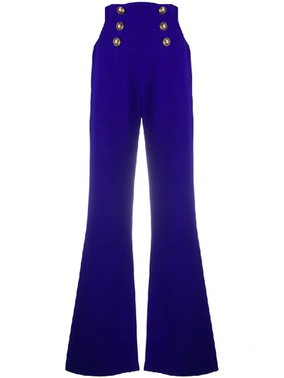 Shop Balmain High Waist Flare Trousers In Blue