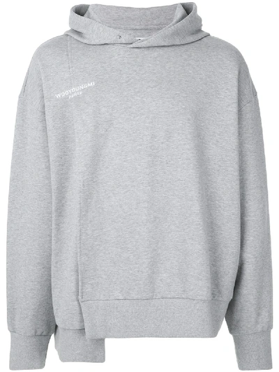 Shop Wooyoungmi Asymmetric Logo Embroidered Hoodie In Grey