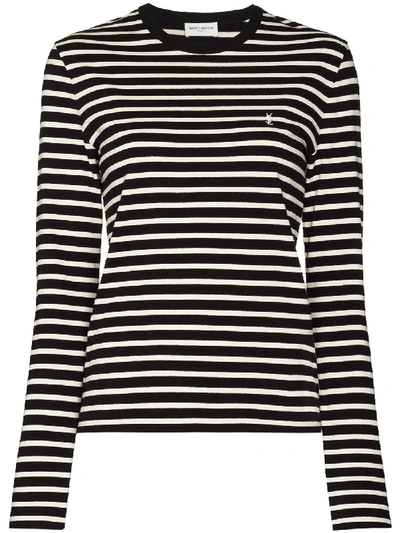 Shop Saint Laurent Logo Embroidered Striped Top In Grey