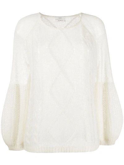 Shop Co Balloon-sleeved Cable Knit Sweater In White
