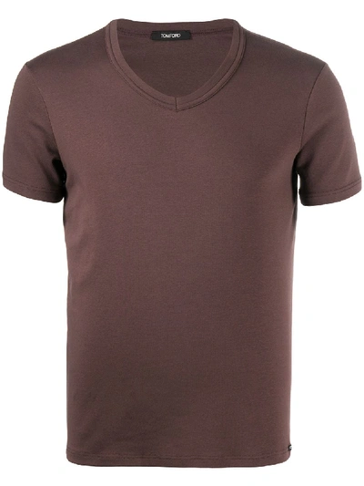 Shop Tom Ford Logo Patch V-neck T-shirt In Brown