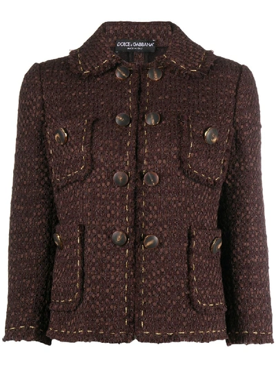 Shop Dolce & Gabbana Cropped-sleeve Tweed Jacket In Brown