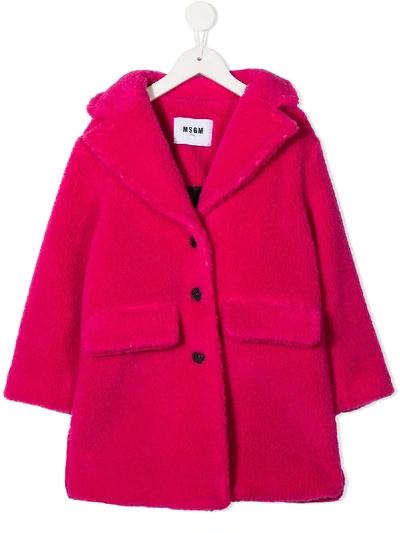 Msgm Embroidered Logo Faux Fur Coat In Pink