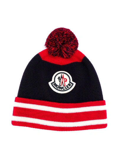 Shop Moncler Logo Embroidered Beanie Hat In Blue