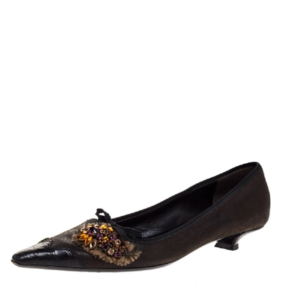 Pre-owned Prada Dark Brown Leather Crystal Embellished Vintage Pointed Pumps Size 36.5