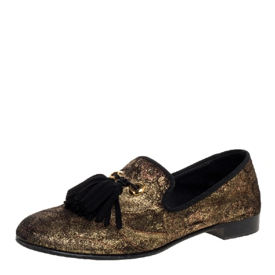 Pre-owned Giuseppe Zanotti Gold Velvet Brocade Fabric Tassel Detail Smoking Slippers Size 41