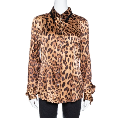 Pre-owned Dolce & Gabbana Brown Leopard Print Silk Button Front Shirt L