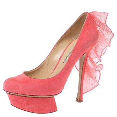 Pre-owned Nicholas Kirkwood Pink Suede Ruffle Trimmed Platform Pumps Size 36.5