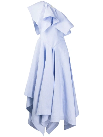 Shop Alexander Mcqueen Off-shoulder Asymmetric Midi Dress In Blue