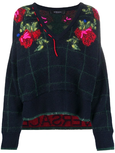 Shop Versace Rose Check-intarsia Jumper In Blue