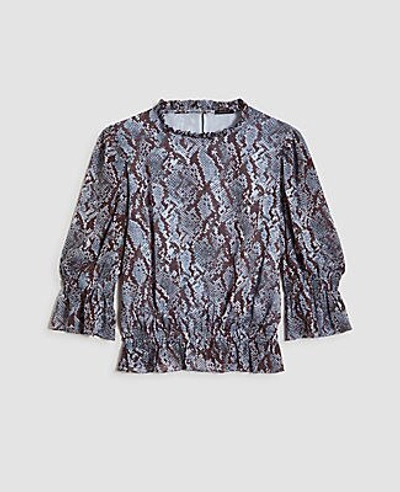 Shop Ann Taylor Snake Print Cinched Ruffle Top In Hush Blue