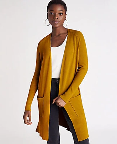Shop Ann Taylor Ribbed Pocket Open Cardigan In Amber Green