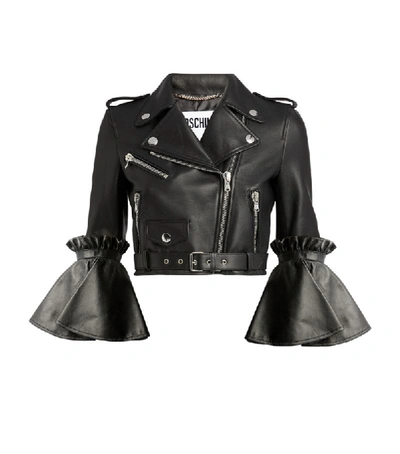 Shop Moschino Flared-sleeve Leather Jacket