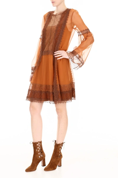 Shop Alberta Ferretti Dress With Lace Details In Orange Multi