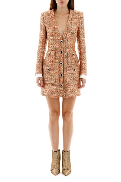 Shop Alessandra Rich Tweed Mini Dress With Sequins In Coral Gold