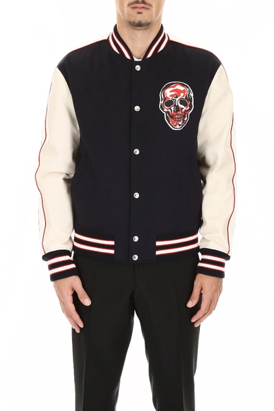 Shop Alexander Mcqueen Bomber Jacket With Skull Patch In Navy Ivory White Red