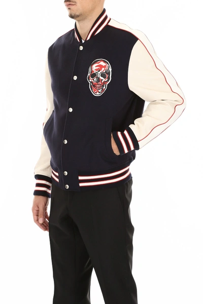 Shop Alexander Mcqueen Bomber Jacket With Skull Patch In Navy Ivory White Red