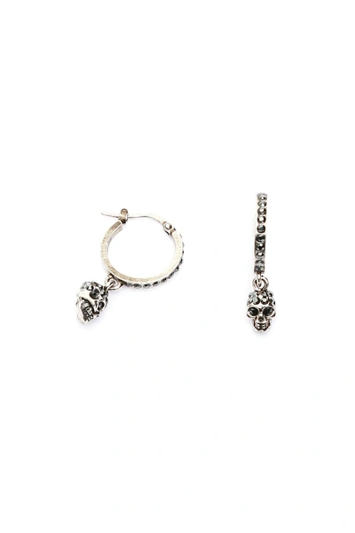 Shop Alexander Mcqueen Hoop Earrings Pave Skull In Jet Hematite