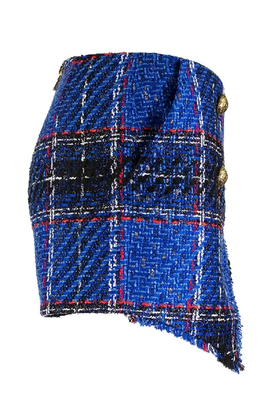 Shop Balmain Asymmetrical Blue Tartan Tweed Shorts