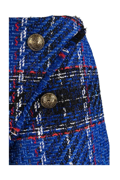 Shop Balmain Asymmetrical Blue Tartan Tweed Shorts